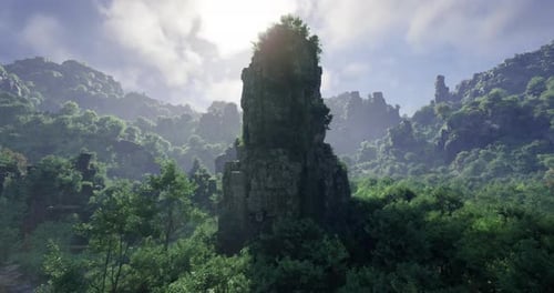 Majestic Rock Formation Surrounded By Lush Greenery in a Serene Landscape