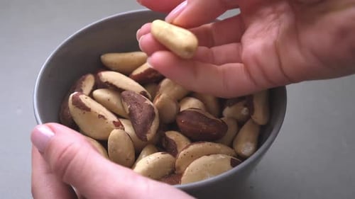Brazil nut in a bowl, eating hand.