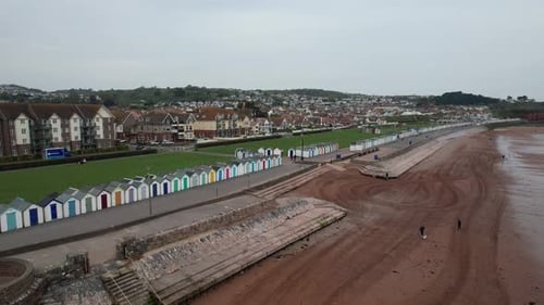 Preston Sands rows of beach huts Paignton Devon UK drone aerial view