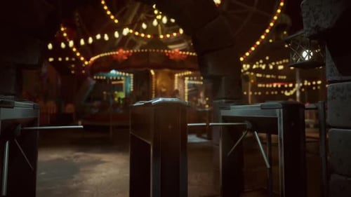 Deserted Amusement Park at Night with Glowing Lights and Empty Rides