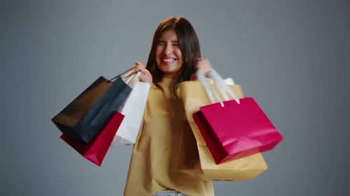 Happy Shopaholic Woman Hold Many Colorful Purchase Bags Shopping Sale Package