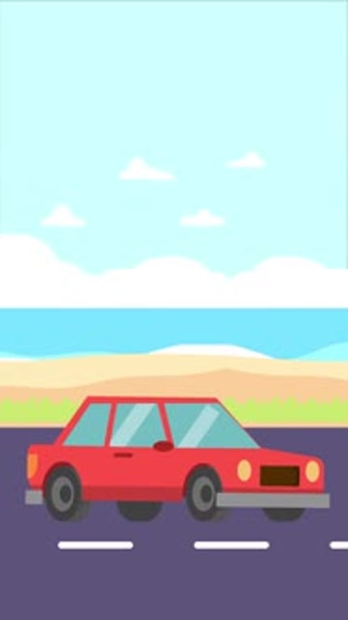 Red Car Driving On Road Near Beach In Summer Vertical