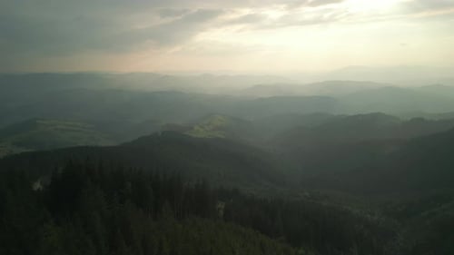Flying Over Green Forest at Cloudy Day with the Mountains on Horizon with Glowing Clouds Carpathian