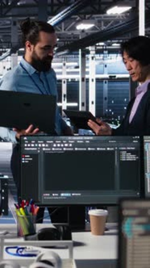 Vertical Video Data Center Manager Supervising Work Done By Programmers on Neural Network