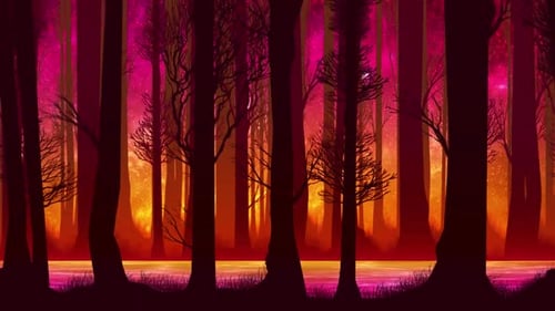 River In Parallax Forest At Orange Night Sky