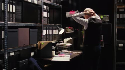 Man Stands Pondering at Desk Surrounded by Files