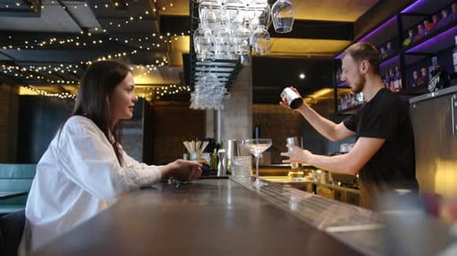 the Bartender Makes a Cocktail to the Guest in the Restaurant at the Bar