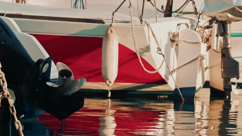Cinematic shot of a boat propeller near a red hull, reflecting vibrant colors on the water surface