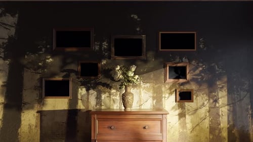 Aged Picture Frames Hanging On Natural Landscape Mural Wall. Alpha Channel