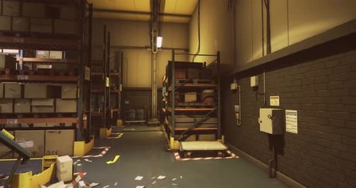 Intérieur de l'entrepôt présentant un espace de rangement organisé et un espace au sol encombré