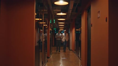 Male Coworkers Going in Office Hallway