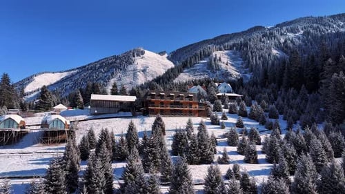 Snowy Mountain Hotel Surrounded By Pine Trees in Winter