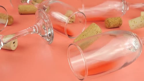 Los corchos de vino caen sobre vasos con vino tinto sobre un fondo rosa. Cámara lenta.