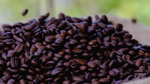 Person Throws Roasted Coffee Beans Onto piled Surface