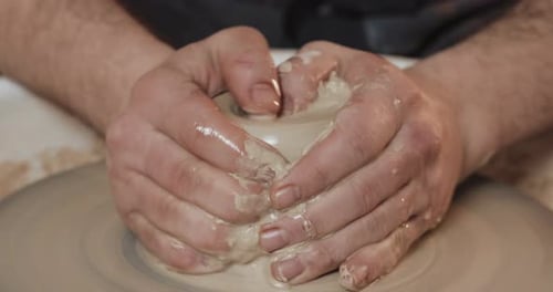 Potter Makes Pottery From Clay Close Up Making Ceramic Products From White Clay Twisted Potter's