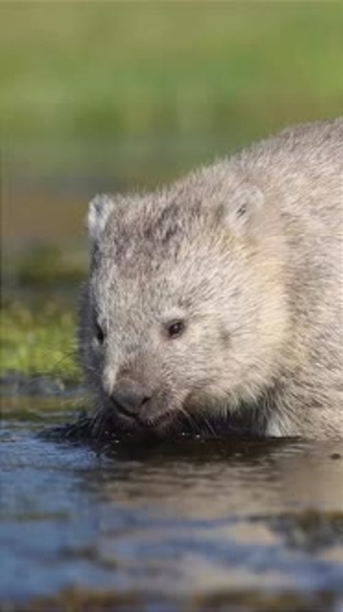gros plan de Vombatus ursinus marchant dans un marais