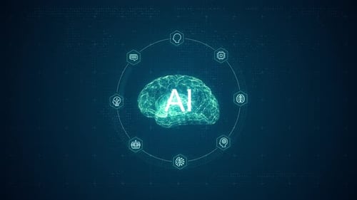Blue digital brain logo and circle futuristic HUD with Ai chatbot and machine learning technology