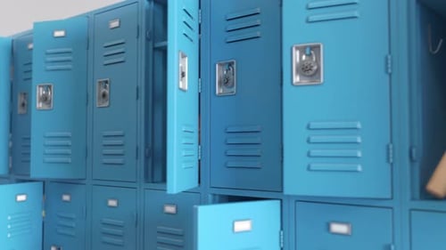 Student Lockers at School School Lockers with Open Doors and Student Equipment for Education
