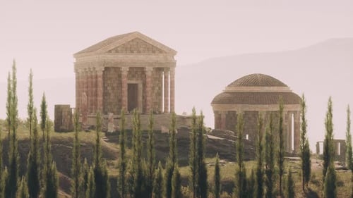 Ruins of an Ancient Roman Temple Amid Lush Greenery at Sunrise