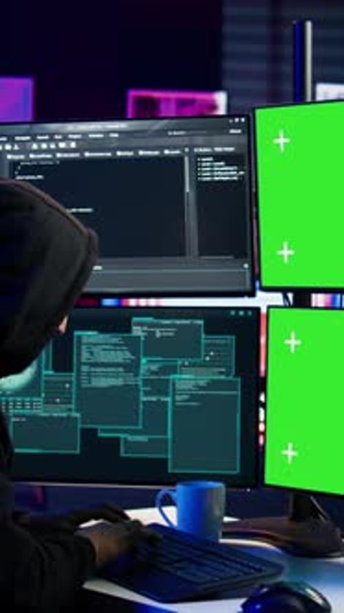 Vertical Video Hacker Developing Spyware Software on Green Screen Computer to Steal Data