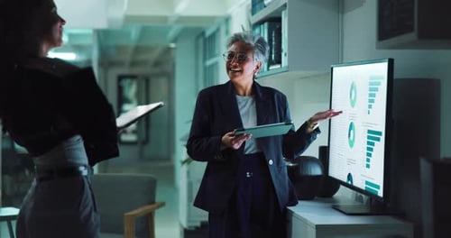 Business, women and meeting with graph in office for financial statistics