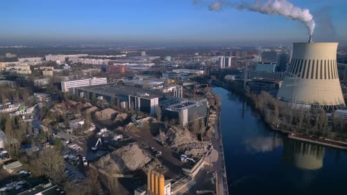 Large data center processing cloud computing infrastructure. Gorgeous aerial view drone