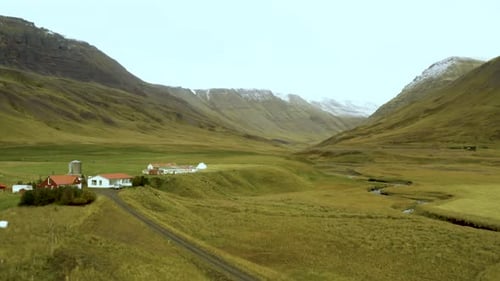 AERIAL : Beautiful mountain landscape, green river valley between mountains, small canyon.