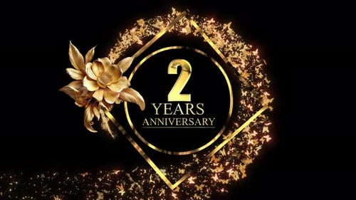 Golden 2 Years Anniversary Title with Elegant Flowers and Particles