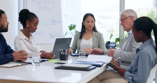 Business people, meeting and documents in collaboration for strategy, teamwork