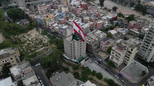 Drone shots over Beirut buildings during sunset time