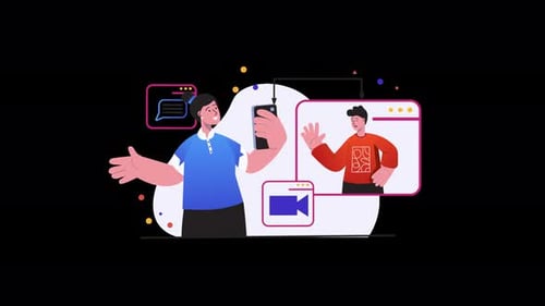 Ilustración de un chico europeo usando un smartphone con un Chat de Vídeo.