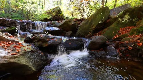 Slow motion view of small waterfall cascading over rocks with colorful red and orange leaves of autu