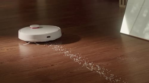Robotic Vacuum Cleaning Pellets on Wooden Floor