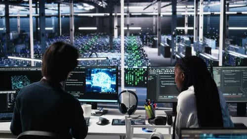 Data Center Admins Doing Brainstorming Working on Neural Network Software