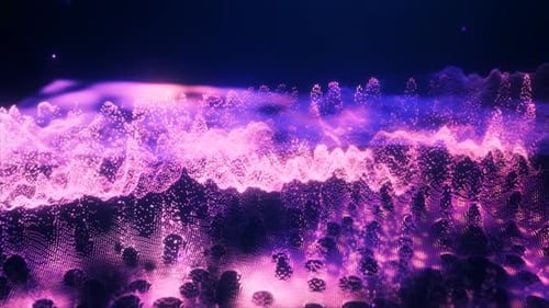 Abstract moving purple futuristic landscape of particles and dots of energetic magic with glow