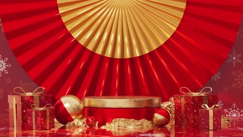 Festive Red and Gold Podium Display for Holiday Products
