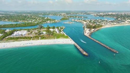 Aerial Seascape with Venice South and Nokomis North Jetty in Sarasota County USA Many Tourists