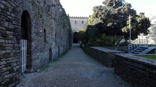Arched stone walls inside castle of Gjirokastra, Albania, a fortress built on Medieval era