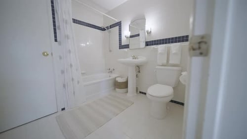 Bright White Bathroom with Classic Blue Tile Trim