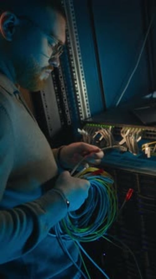 Technician Working with Fiber Optic Cables in Server Room