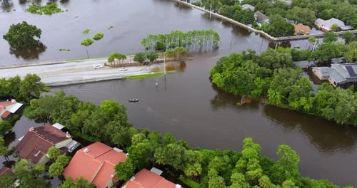 Hurricane Flooded Street in Florida Residential Area Aftermath of Natural Disaster Caused By Global