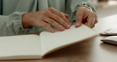 Woman, hands, book and writing list, make notes and essay brainstorming for project
