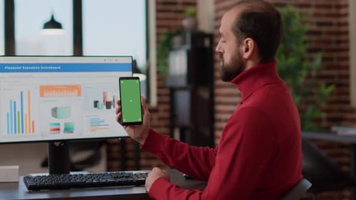 Company Employee Looking at Green Screen Template
