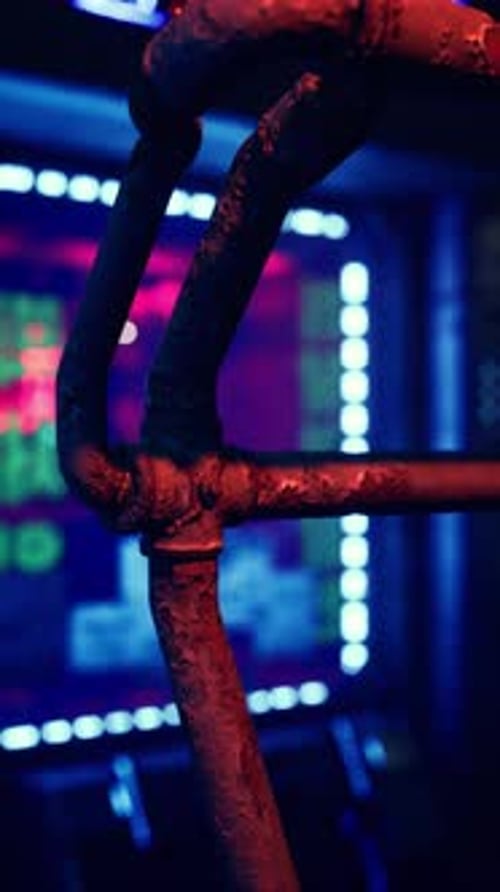 Close Up of Metal Bar With Neon Lights in Background