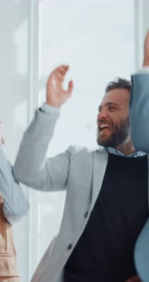 Smile, business and people with hand stack in office for teamwork, motivation and agreement