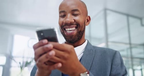 Phone news, office or businessman with smile in workplace for social media or chat notification