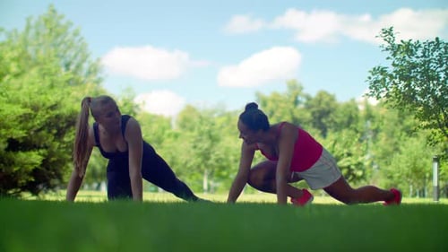 Two young women warm up on green grass preparing for fitness training in park
