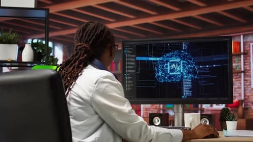 Woman Working on AI Brain Research on Computer