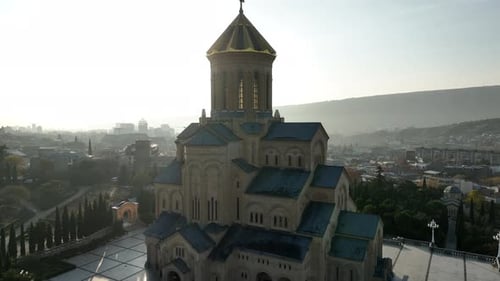 Drone view of Tbilisi city center featuring the Sameba Holy Trinity Cathedral, Georgia.