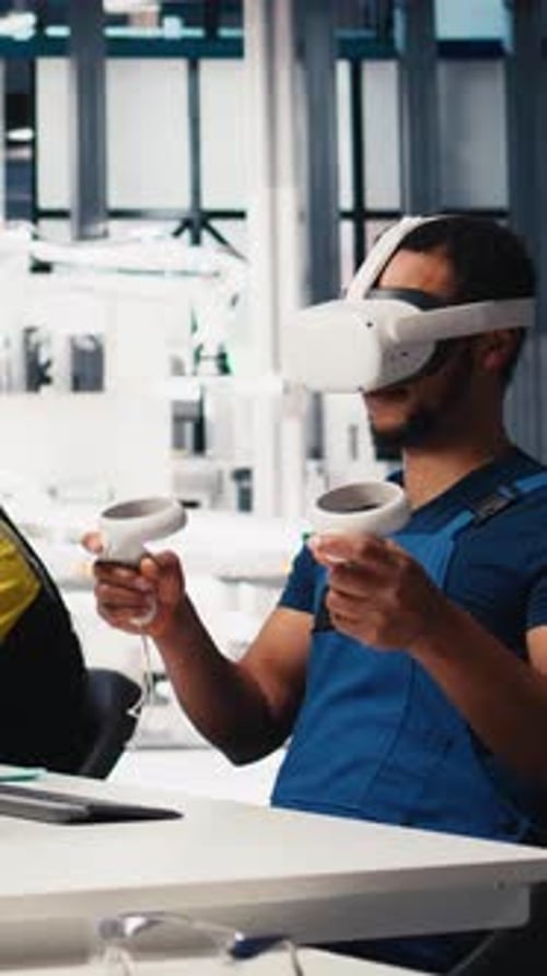 Vertical Video Solar Panel Factory Engineer Using VR Headset to Improve Solar Energy Automation